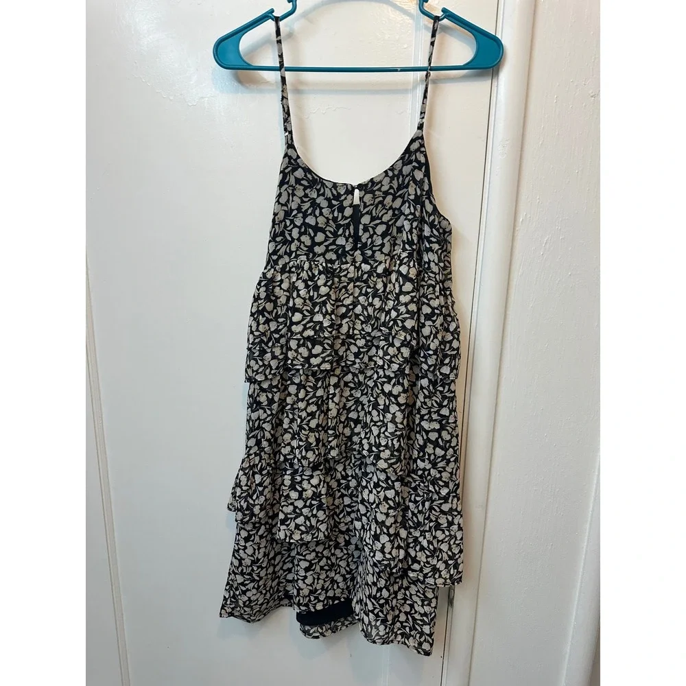 Who What Wear Womens Floral Tiered Ruffle Mini Dress Black Cream Sz M Sleeveless